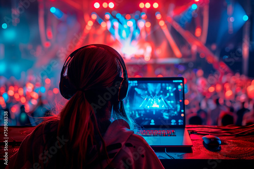 A person watching a live stream of a music concert on their laptop. Woman wearing headphones uses laptop at concert for personal entertainment