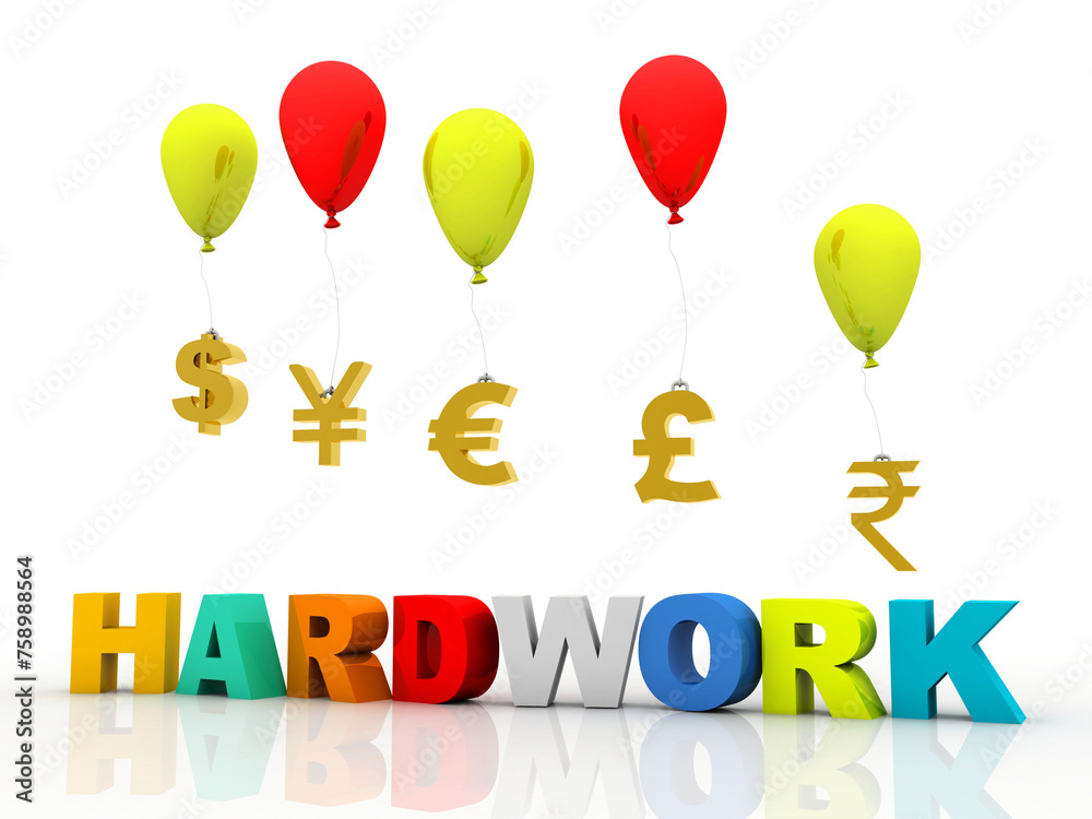 3d rendering Global Currencies sign connected balloon hard work concept