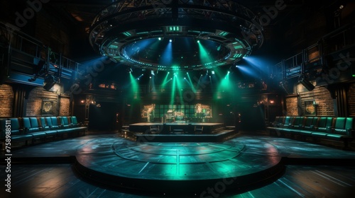 Modern dance stage lighting performance with blue and green illumination and spotlight show