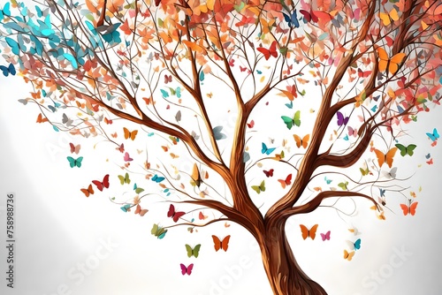 Butterfly tree on the white background, Colorful Tree, Decorative Tree Art, 3d abstract Colorful tree with leaves on hanging branches illustration background © MISHAL