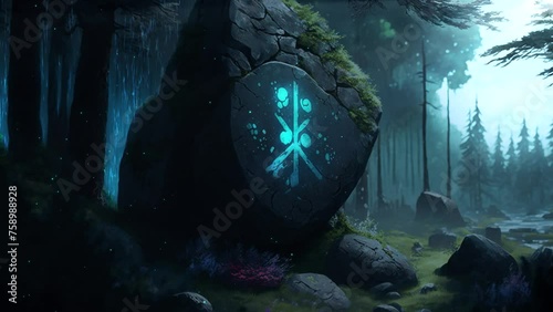 Supernatural ancient magical rune stone calm and atmospheric video. Fantasy and magical landscape loop animation. photo