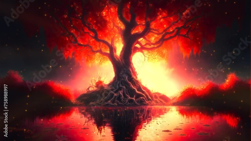 Beautiful tree with roots and colorful ambiance. Fantasy video. Loop animation photo