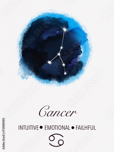 Cancer Zodiac. Digital watercolor illustration of the zodiac sign. An astrological drawing describing the characteristics of the constellation.