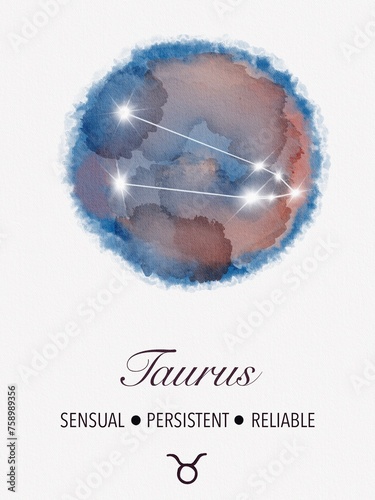 Taurus zodiac. Digital watercolor illustration of the zodiac sign. An astrological drawing describing the characteristics of the constellation.