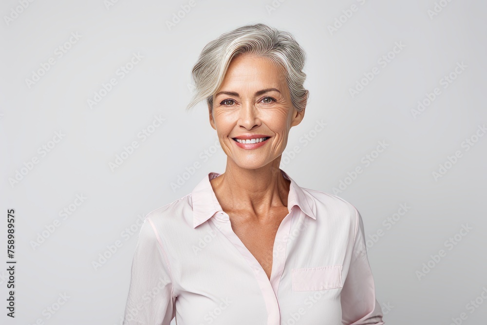 Smiling senior businesswoman. Portrait of beautiful mature businesswoman looking at camera and smiling while standing against grey background Smiling senior businesswoman. Portrait of beautiful mature businesswoman looking at camera and smiling while standing against grey background