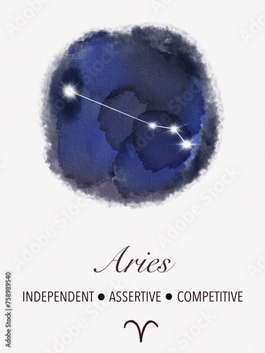 Aries zodiac. Digital watercolor illustration of the zodiac sign. An astrological drawing describing the characteristics of the constellation.