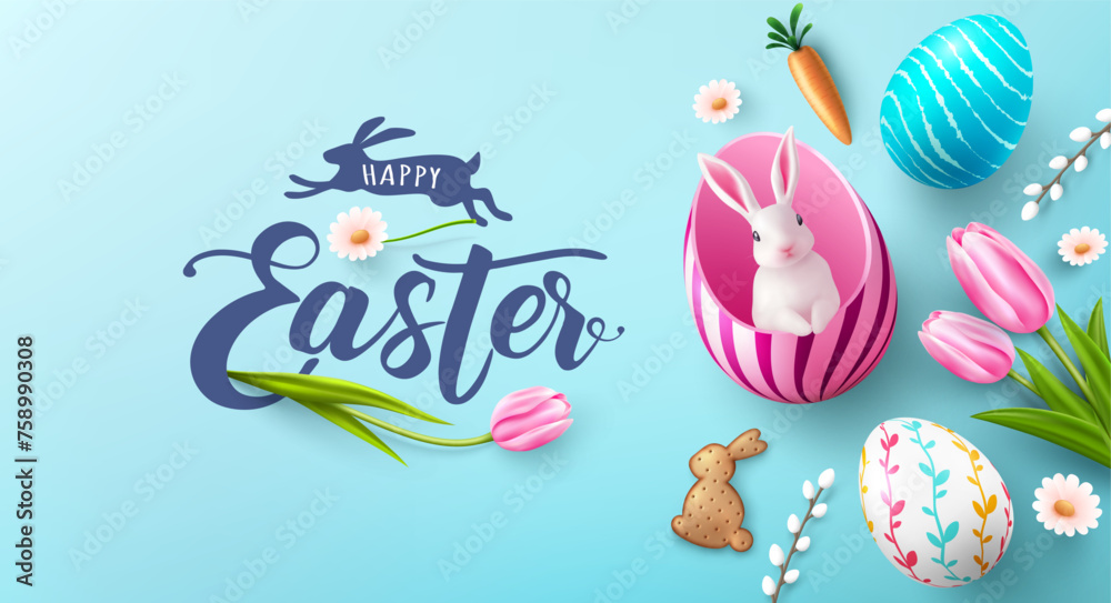 Easter poster and banner template with a white rabbit inside a pink egg ,Colorful Eggs , tulips and Spring Flowers on Blue Background for Easter Day.Promotion and shopping template for Easter - obrazy, fototapety, plakaty 