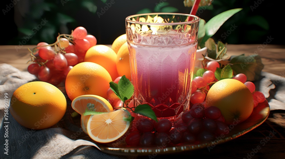 Cocktail with lemon, orange, and pomegranate on a wooden table Cocktail with lemon, orange, and pomegranate on a wooden table