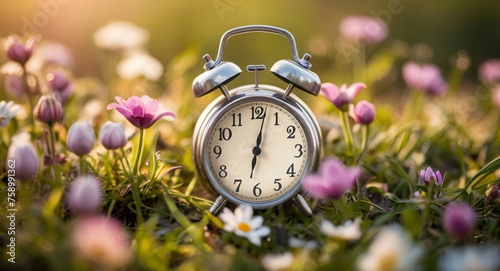 Vintage alarm clock on spring meadow with colorful flowers. Spring time concept. 