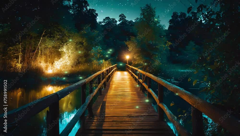 A wooden bridge in night with dark forest animated video A wooden bridge in night with dark forest animated video