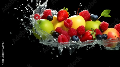 Fruit in water splash  isolated on a black background. 3d rendering.