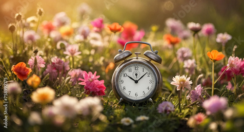 Vintage alarm clock on spring meadow with colorful flowers. Spring time concept. 