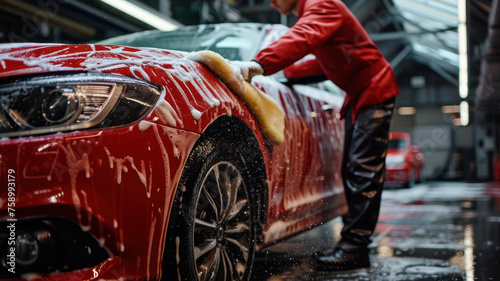 Worker washing red car with sponge on a car wash © wiparat