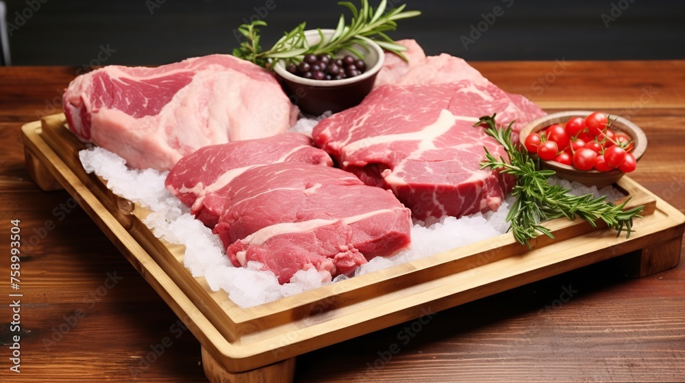 Raw fresh meat with ice on a wooden tray for dinner concept.
