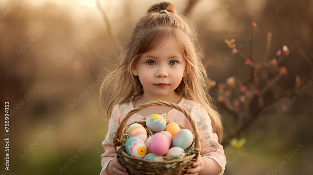 Naklejka premium Little Girl with Easter Basket in Golden Hour Light