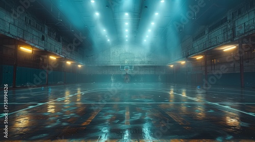 Desolate Basketball Court at Night