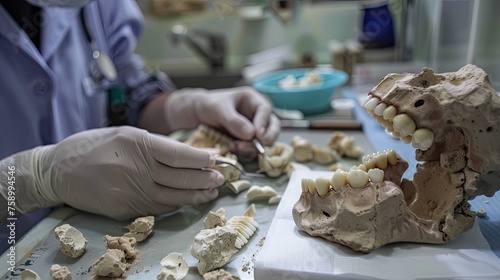 A close-up view of a dental technician's hands refining a dental mold and prosthetics on a workspace