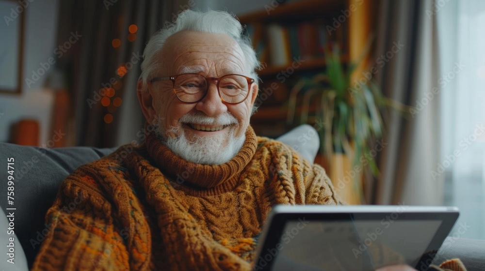 Obraz premium Portrait of smiling senior man using digital tablet computer or e-book at home