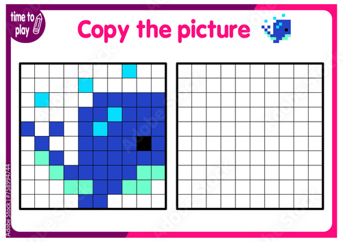 Copy the image and add the grid image. Study sheets showing squares. Preschool coloring pages, children's games. Pixel cartoon, vector illustration. whale. fish