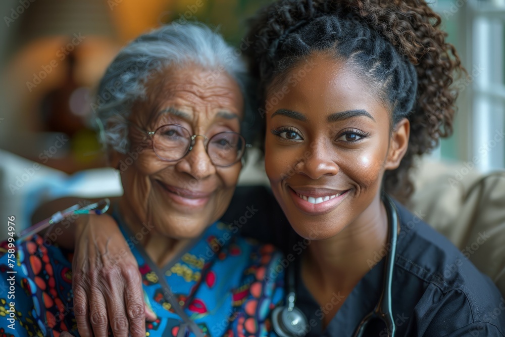 Female Nurse With Stethoscope Smiling at Elderly Woman