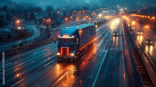 Semi Truck Traveling Along Highway at Night © Ilugram