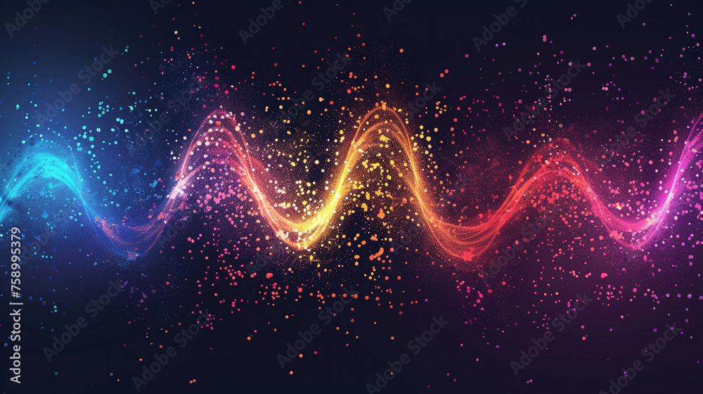 Abstract colorful sound wave with energy particles and light effect on black background - obrazy, fototapety, plakaty 