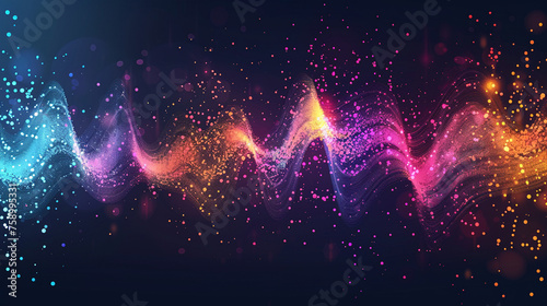 Abstract colorful sound wave with energy particles and light effect on black background photo