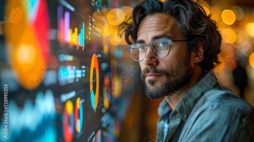 Businessman in Glasses Studying Wall