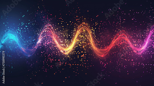 Abstract colorful sound wave with energy particles and light effect on black background