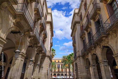 Cityscape of Barcelona, Spain. View of Plaça Reial, the car-free square a typical Spanish atmosphere. 
