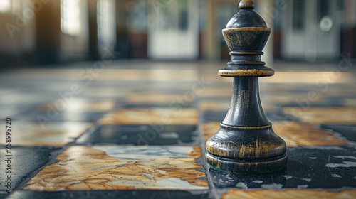 Black and Gold Chess Piece on Tiled Floor