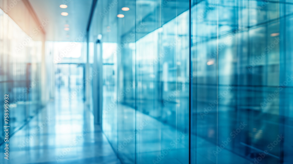 Blurred view of a modern office building interior with glass walls, reflecting a cool blue tone and exuding a sleek corporate atmosphere