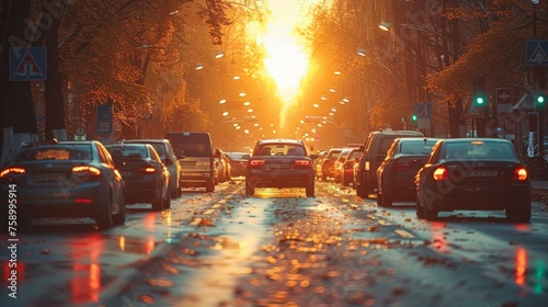 Bustling City Street Jammed With Traffic at Sunset photo