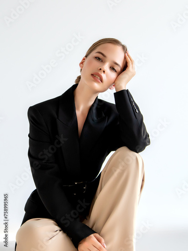 Fashionable girl in black classic suit in studio. Minimalist photography. Lovely model daytime makeup and clear skin. Fashion and Beauty