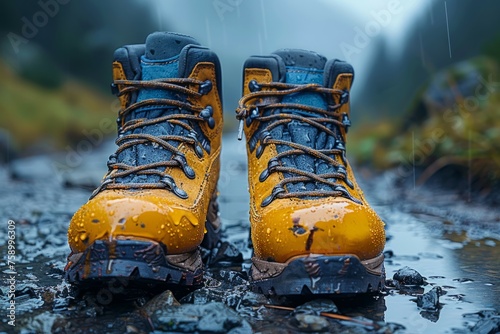 Yellow and Blue Hiking Boots in Rain