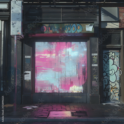 Glitching Hologram Flickering on Abandoned Storefront  Creating a Haunting Futuristic Scene Generative AI