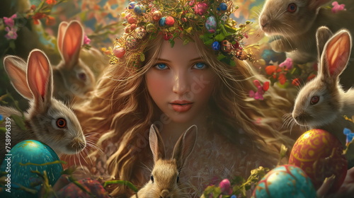 Easter goddess surrounded by rabbits and colorful eggs, portrait. Radiant goddess surrounded playful rabbits and array of colorful eggs. Aura of enchantment, spirit of holiday