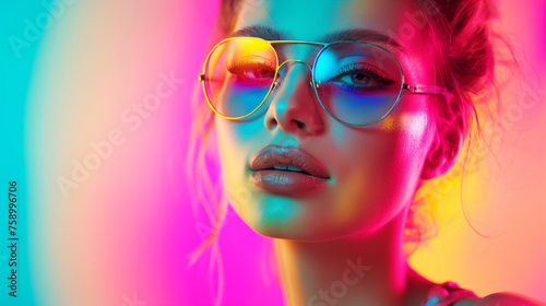Woman with stylish glasses is highlighted инн vibrant neon lights in pink and blue, creating a striking high-fashion look