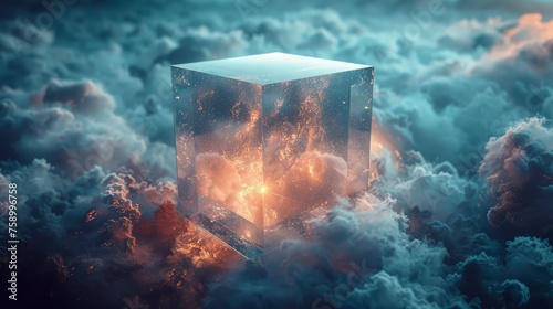 Cube Suspended in Cloud-Filled Sky photo