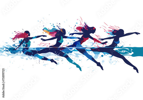 Synchronized Swimmers isolated png, illustration in blues and pink watercolor.