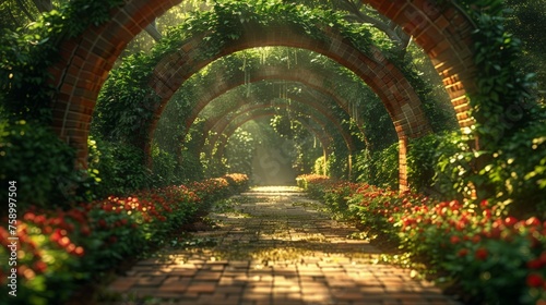 Winding Pathway Along Brick Wall Amidst Lush Greenery