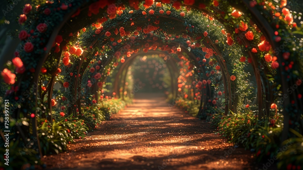 Red Flower-Lined Pathway in Fantasy Archway - obrazy, fototapety, plakaty 