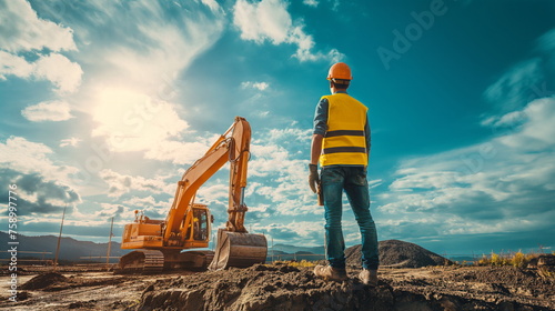Man driver builder operate crane or excavator at construction site, sunny day, development