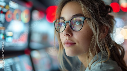 Woman in Glasses Observing Slot Machine