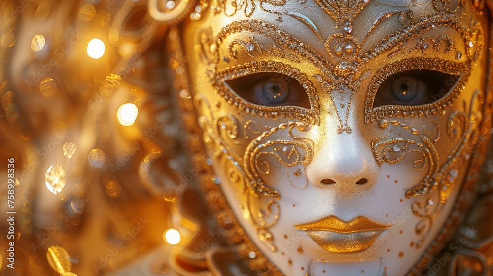 Close-Up of Person Wearing a Golden Masquerade Mask