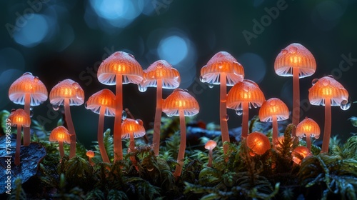 Glowing Mushrooms on Moss-Covered Ground