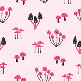 Cartoon mushrooms with eyes seamless pattern. Funny print for kids