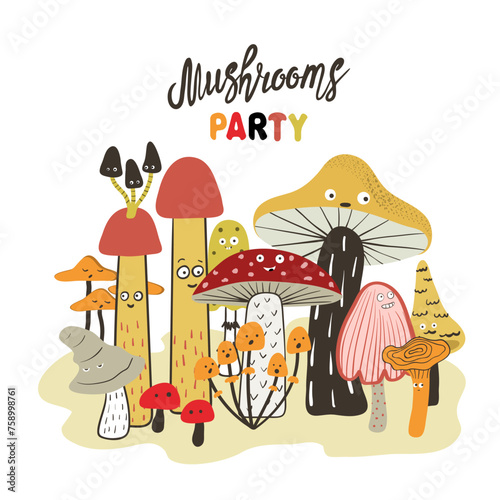 Cartoon mushroom set. Funny print. Mushrooms party poster with funny characters with eyes