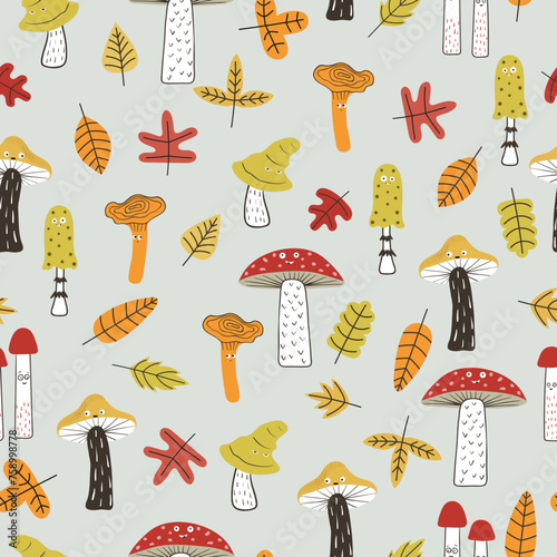 Cartoon mushrooms with eyes and autumn leaves seamless pattern. Funny print with forest characters