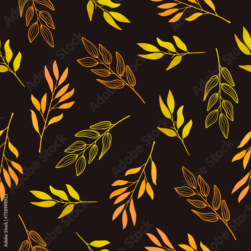 Seamless autumn pattern with orange leaves and branches